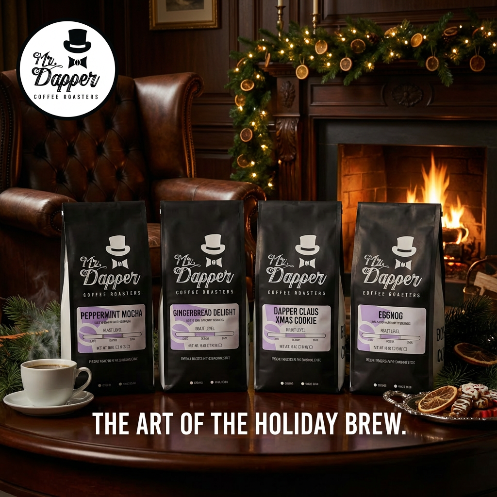 Four bags of 'Mr. Dapper Coffee Roasters' coffee on a table with a fireplace and Christmas decorations in the background.